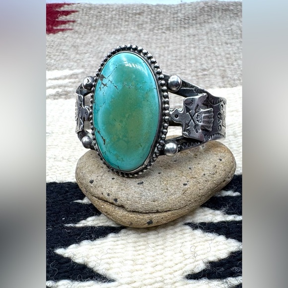 Navajo Native Fred Harvey Style Sterling Silver Turquoise Thunderbird Cuff 7" - Picture 5 of 7